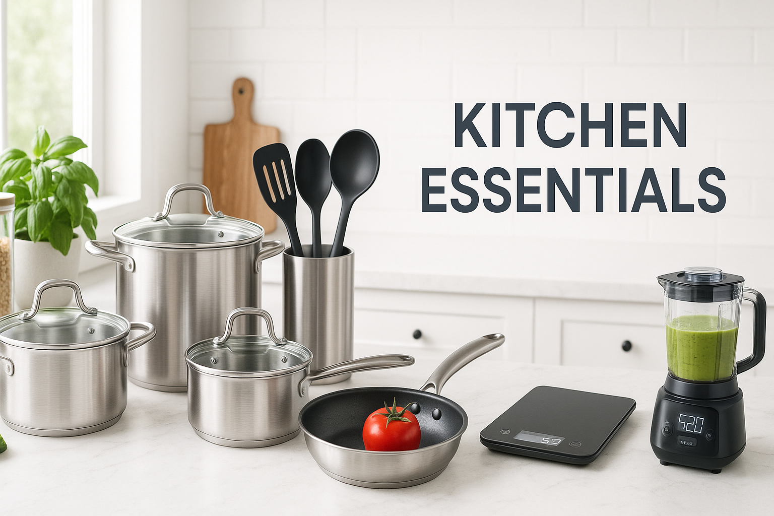 A modern e-commerce slideshow banner showcasing kitchen essentials like cookware, storage jars, utensils, and smart kitchen gadgets. Bright, clean background with fresh and vibrant styling. Use natural lighting with a lifestyle feel, showing products in a neat and aesthetic kitchen setting. Add space for text overlay like ‘Smart Kitchen, Smarter Living – Shop Kitchen Essentials at FutureCart’.
