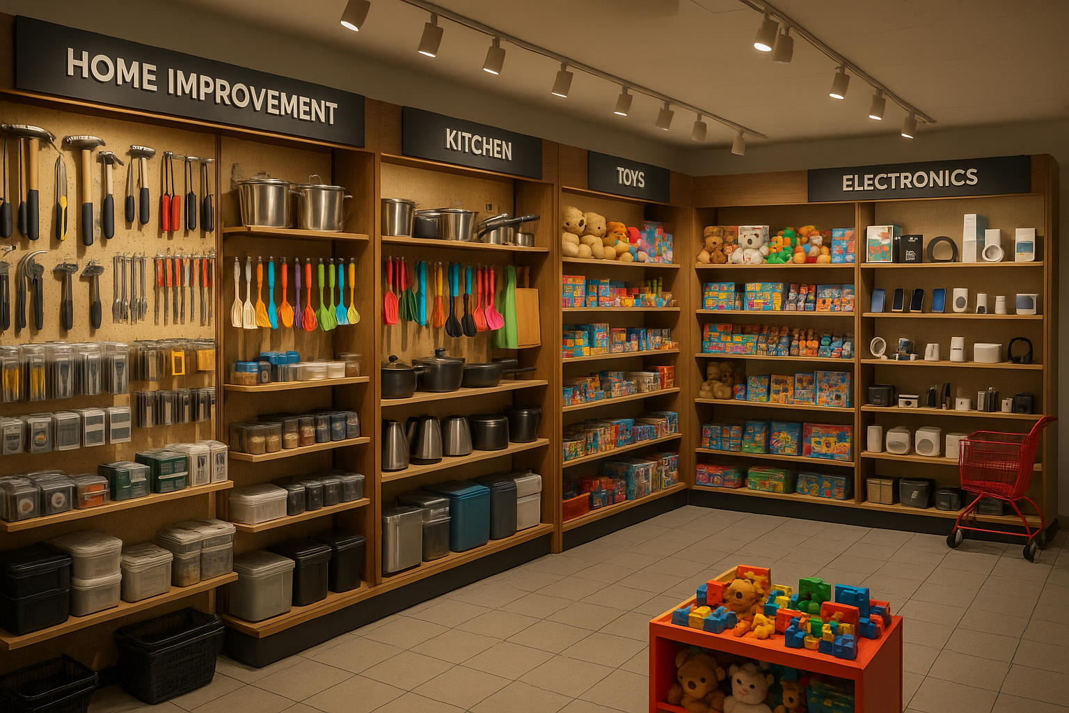Create a image in which a general store including home improvement products, kitchen tools, toys and gadgets just make it ultra realstic